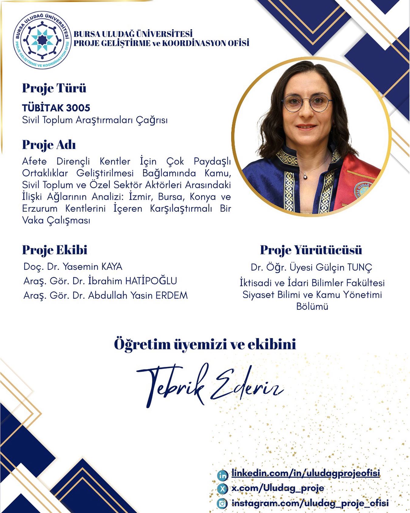 Üniversitemizden TÜBİTAK 3005 Başarısı (Dr. Öğretim Üyesi Gülçin Tunç)