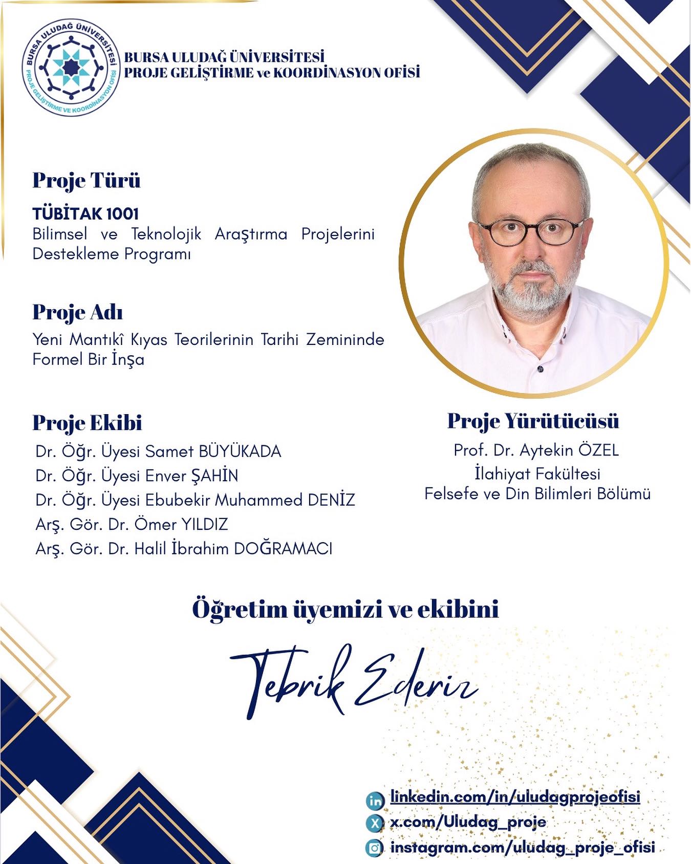 Üniversitemizden TÜBİTAK 1001 Başarısı (Prof. Dr. Aytekin Özel)